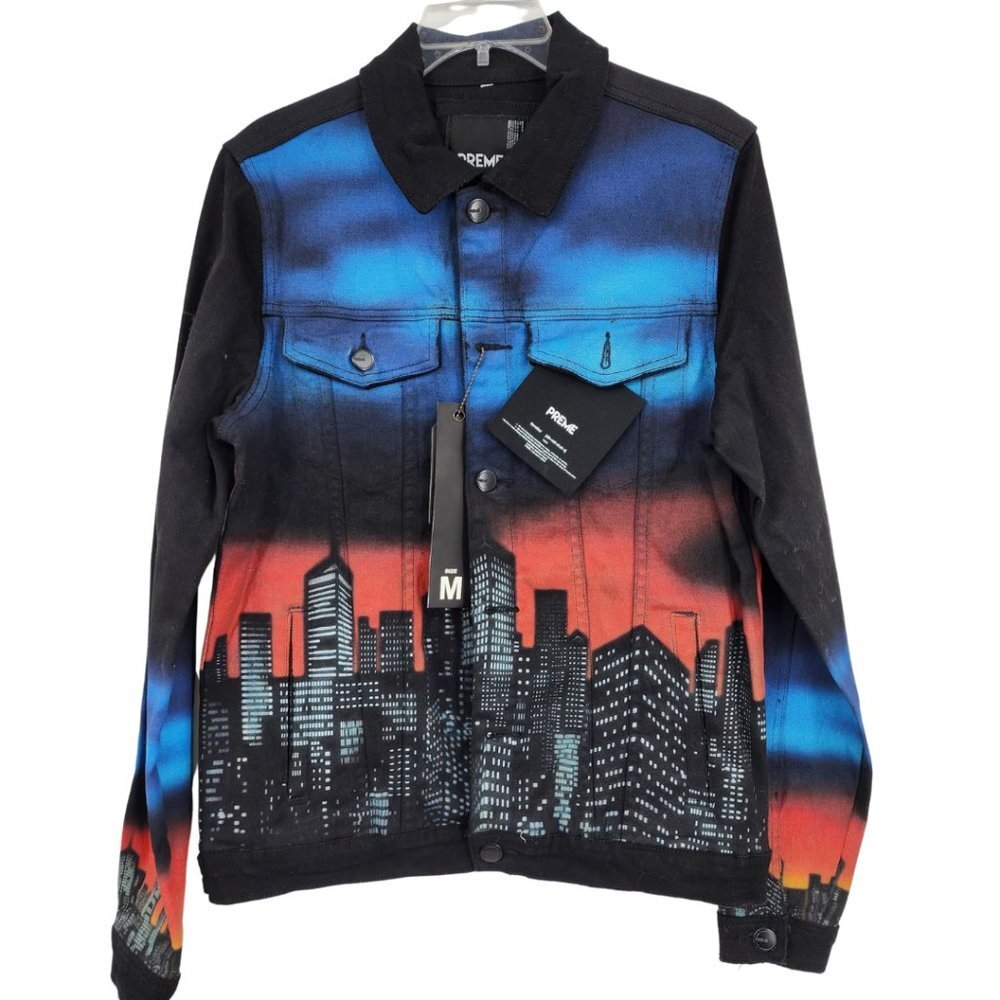 PREME Men's City Scape Custom Airbrushed Denim Trucker‎ Jeans Jacket M NWT